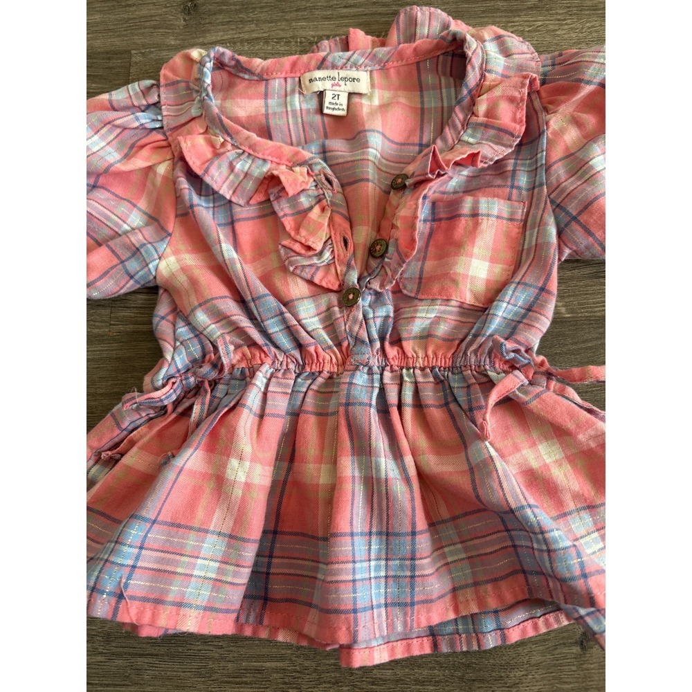 Nanette Lepore Girls Pink Plaid Ruffle Peplum Tunic Top Metallic Shimmer 2T‎